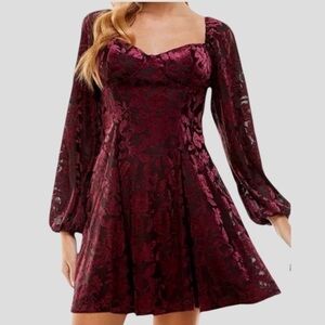 90s Burnout Velvet Corset Dress S Burgundy Lace-Up Y2K Whimsigoth Fairygrunge